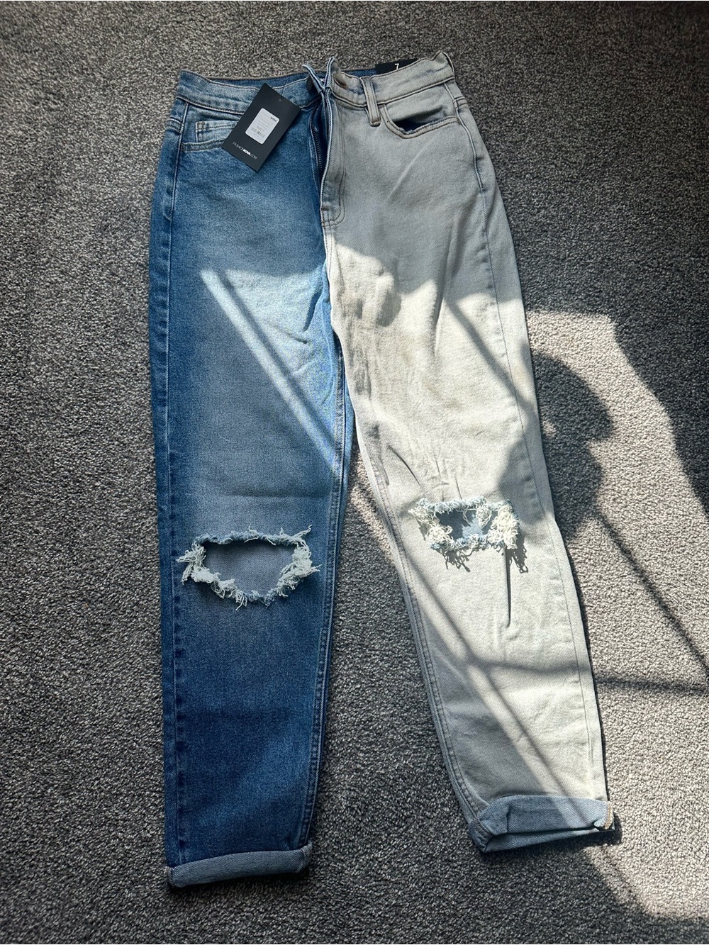 Fashion Nova Two-Tone Boyfriend Jeans in Blue & Light Gray